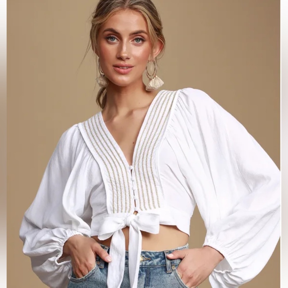 Lulu's White Cropped Tie-Front Blouse with Gold Trim